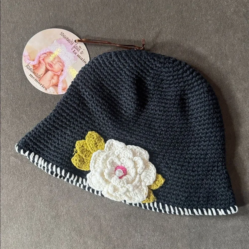 Daisy Baby Black Crocheted Sun Hat Layered Flower 100% Cotton 2-8 years NEW